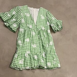Elegant Green Gingham Midi Dress with Floral Accents